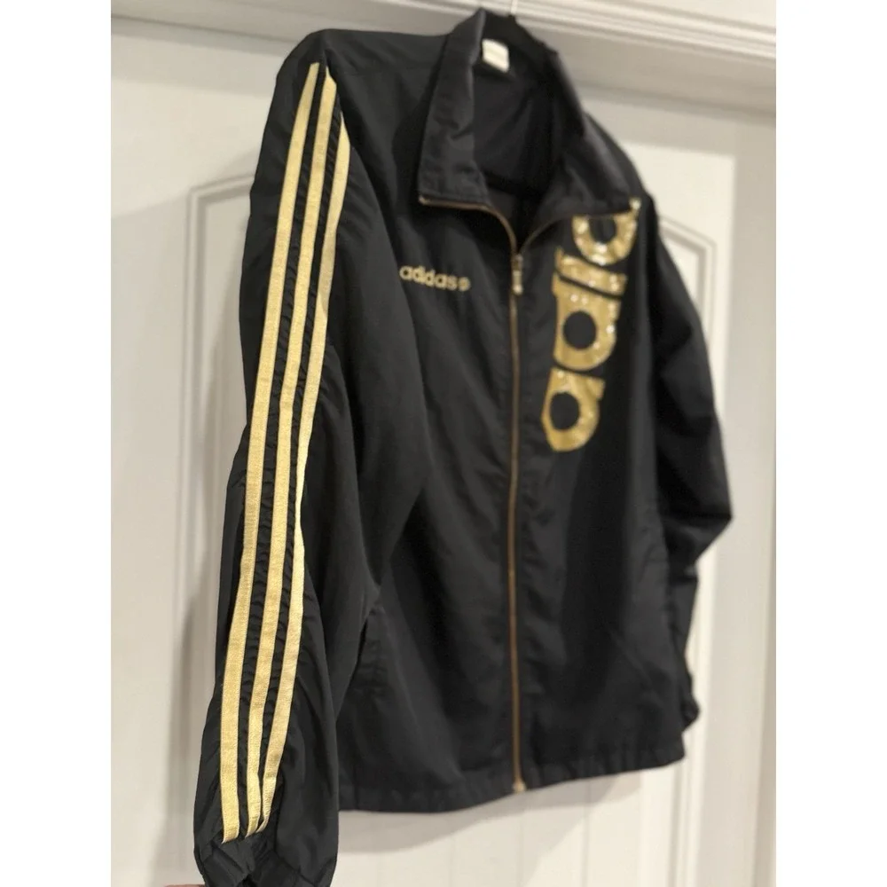 Adidas NEO Label Windbreaker Jacket Mens L Black Gold Big Logo Spellout Vintage